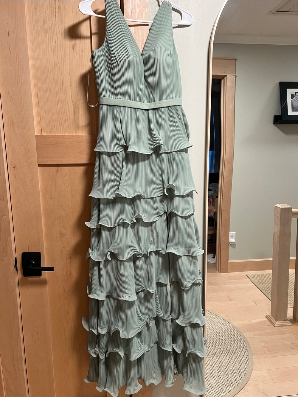 Mac Duggal Sage Green Pleated Tiered Ruffle Maxi Dress